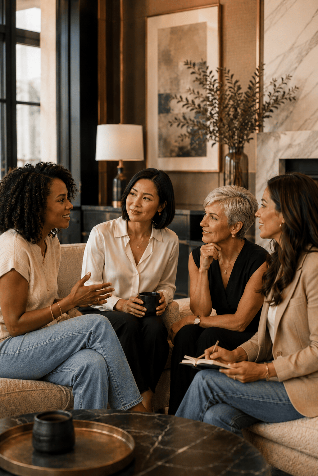 Four women in warm conversation in an elegant living room, embodying the Next-Level Woman Inner Circle community